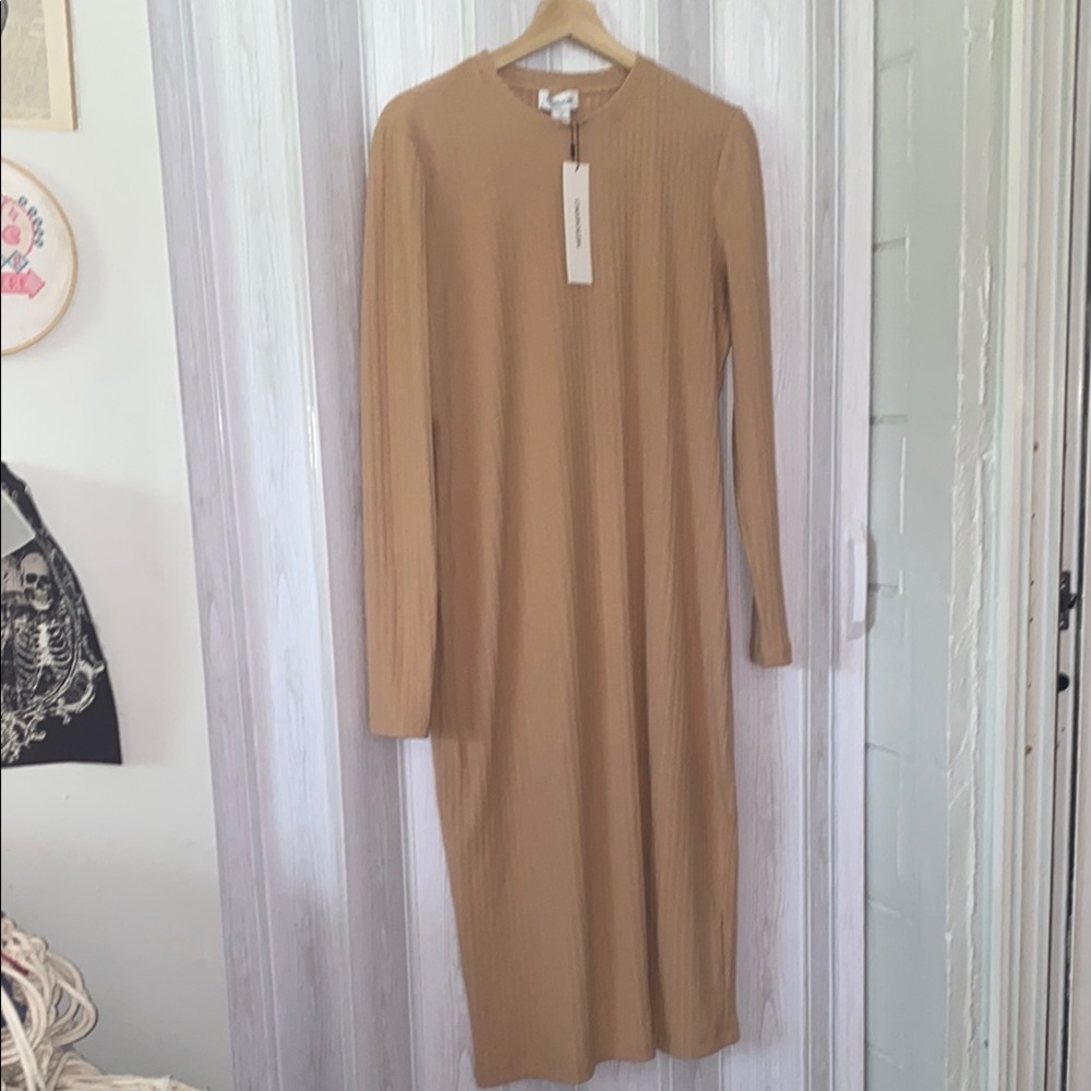 NWT Calvin Klein Tan Long Sleeve Dress LARGE